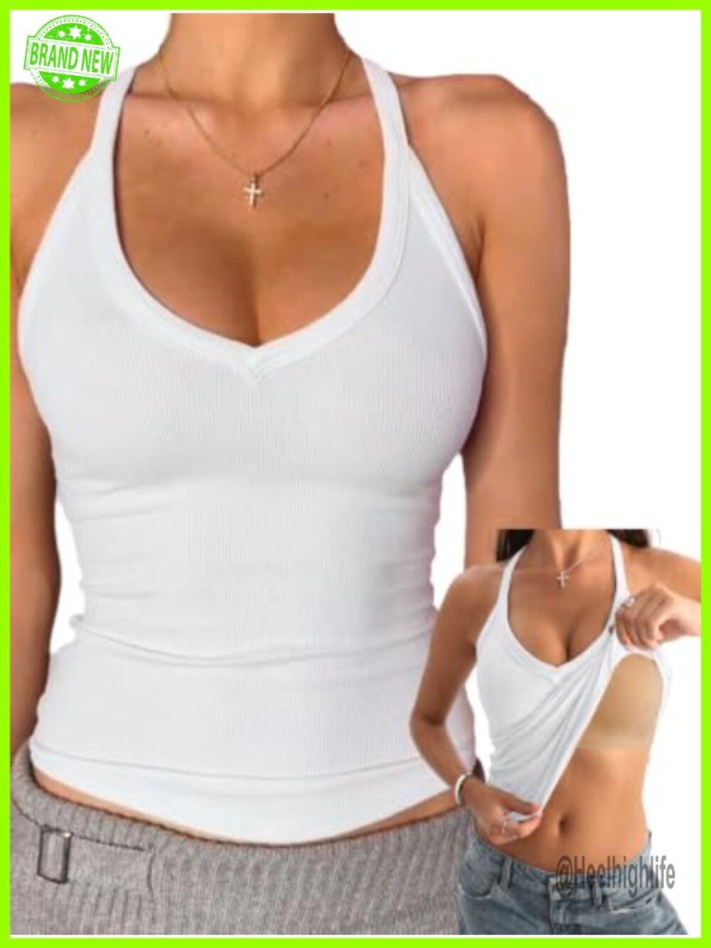 V Neck Cotton Tank Top Built-in Shelf Bra Racerback Fitted Cami